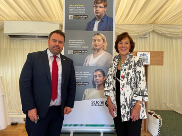 Chris Loder MP and Carole Lawrence-Parr, chief president of St John Ambulance during an event in Westminster in 2021, where Mr Loder thanked St John Ambulance for the work they did in West Dorset supporting services throughout the Coronavirus Pandemic.